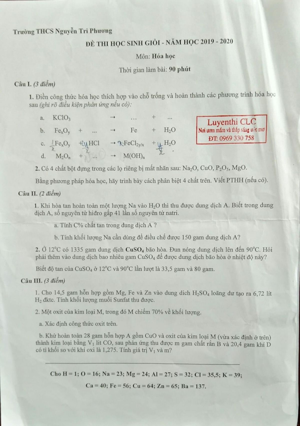 Đề thi HSG m&ocirc;n H&oacute;a Học Trường THCS Nguyễn Tri Phương năm 2019