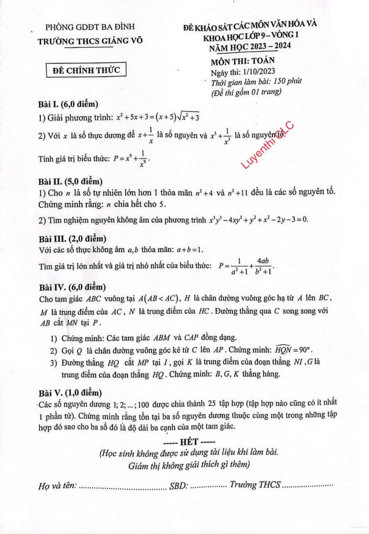 Đề thi khảo sát môn Toán lớp 9 - Vòng 1 Trường THPT Giảng Võ, quận Ba Đình, Hà Nội năm 2023