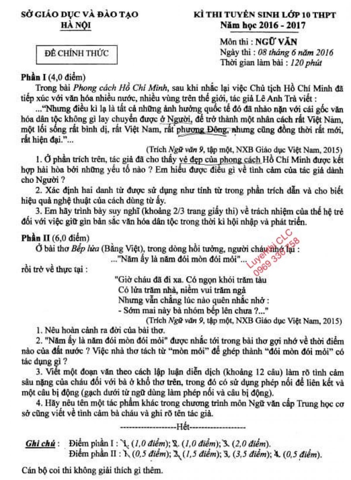 Đề thi tuyển sinh vào lớp 10 THPT môn Ngữ Văn tại Hà Nội năm 2016