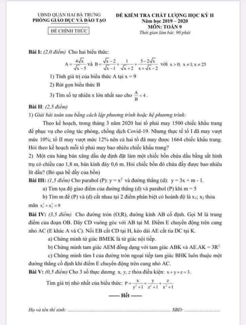 Đề kiểm tra chất lượng học kì II môn Toán lớp 9 quận Hai Bà Trưng, Hà Nội năm 2019