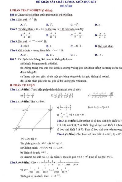 Đề thi khảo sát chất lượng giữa học kì I môn Toán lớp 7. Đề số 08