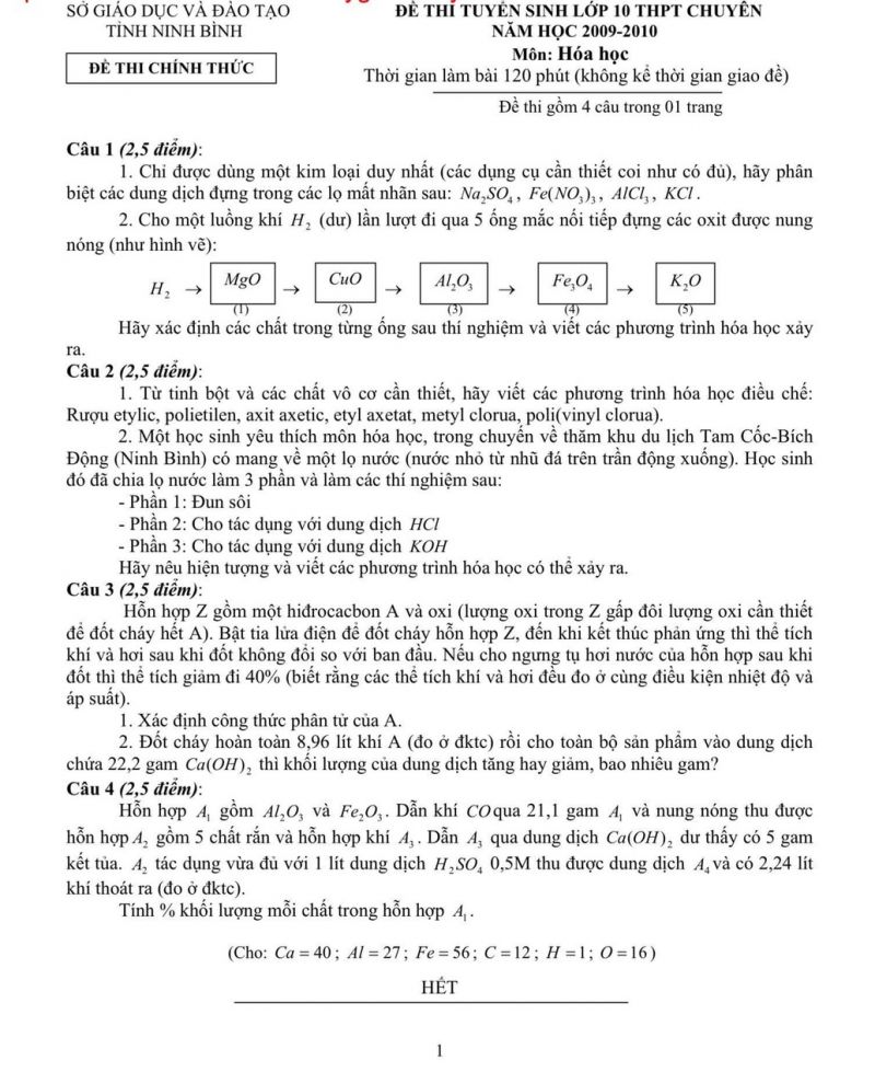 Đề thi tuyển sinh vào lớp 10 THPT CHUYÊN môn Hóa Học tỉnh Ninh Bình năm 2010
