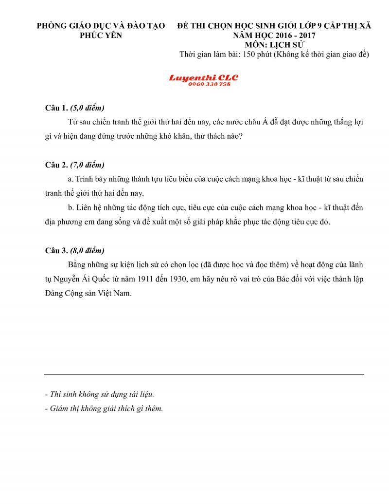 Đề thi chọn HSG m&ocirc;n Lịch Sử lớp 9 huyện Ph&uacute;c Y&ecirc;n tỉnh Vĩnh Ph&uacute;c năm 2016