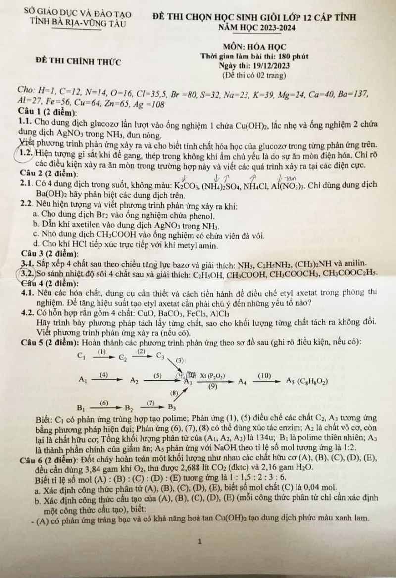 Đề thi chọn HSG môn Hóa Học lớp 12 tỉnh Bà Rịa - Vũng Tàu năm 2023