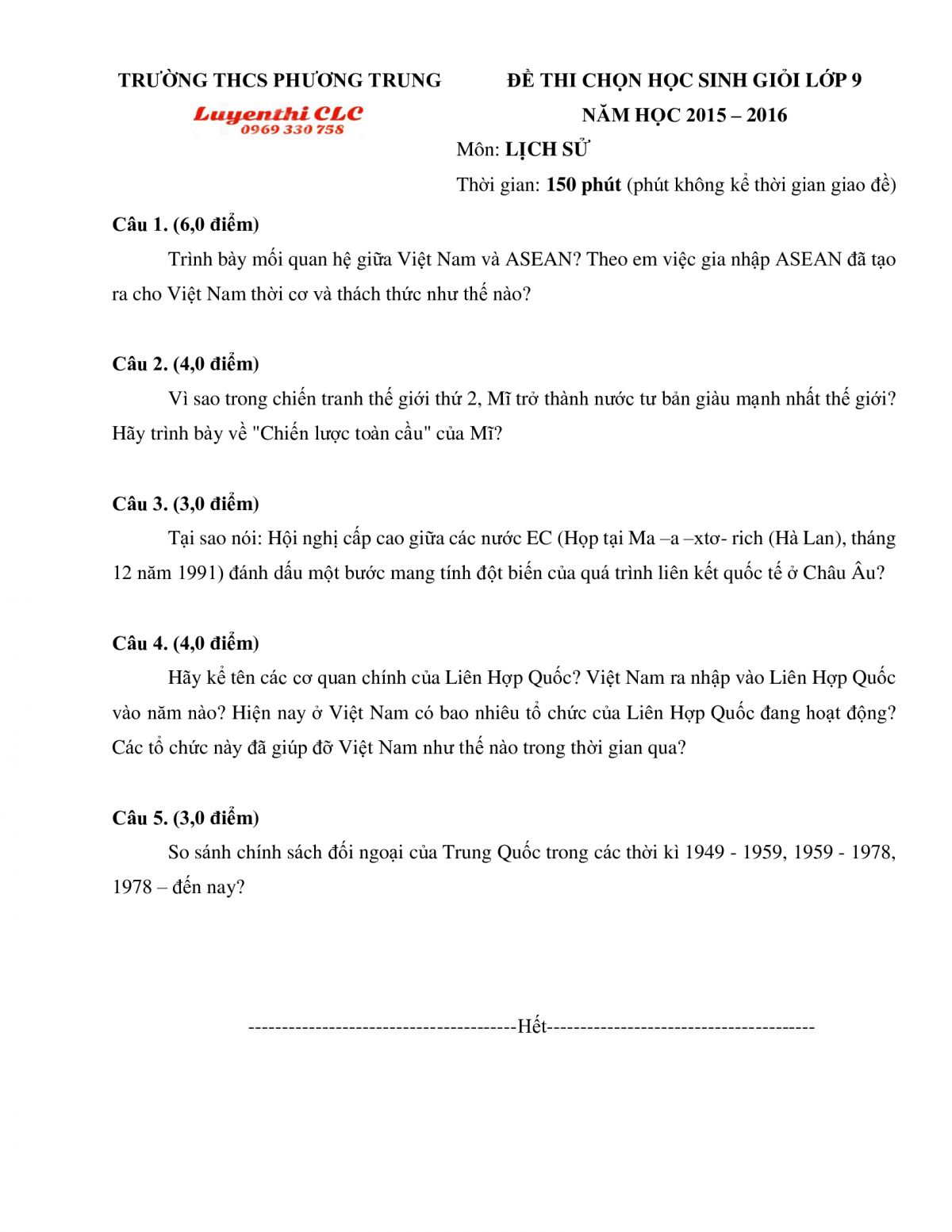Đề thi chọn HSG  m&ocirc;n Lịch Sử lớp 9 Trường THCS Phương Trung, Thanh Oai, H&agrave; Nội năm 2015
