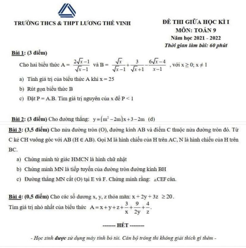 Đề thi giữa học kì I môn Toán lớp 9 Trường THCS &amp; THPT Lương Thế Vinh năm 2021