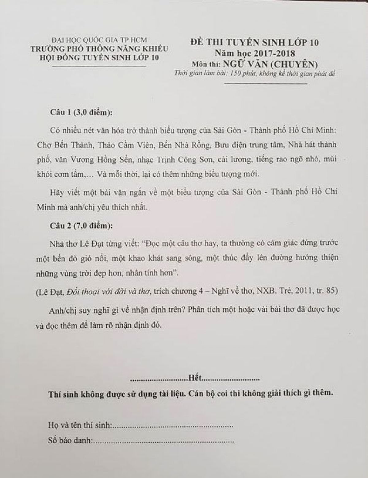 Đề thi tuyển sinh vào lớp 10 THPT môn Ngữ Văn Chuyên Đại học Quốc gia Thành phố Hồ Chí Minh năm 2017