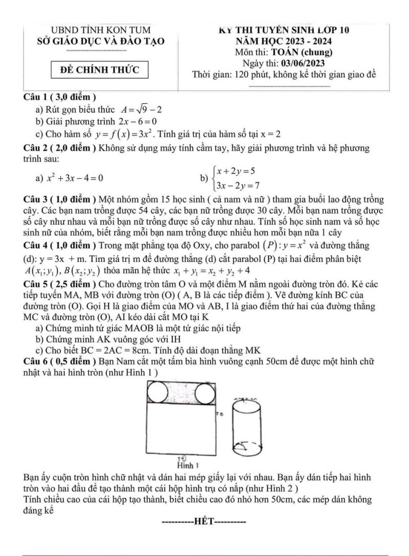 Đề thi tuyển sinh vào lớp 10 THPT môn Toán tỉnh Kon Tum năm 2023