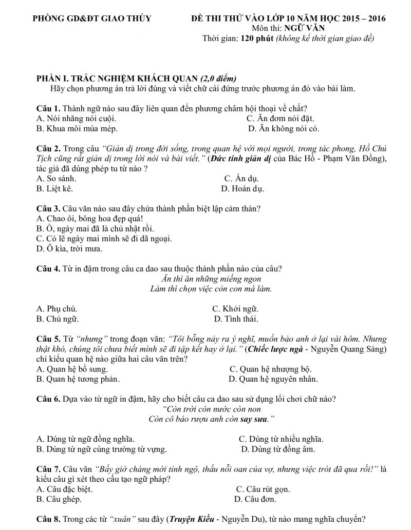 Đề thi thử vào lớp 10 THPT môn Ngữ Văn huyện Giao Thủy tỉnh Nam Định năm 2015