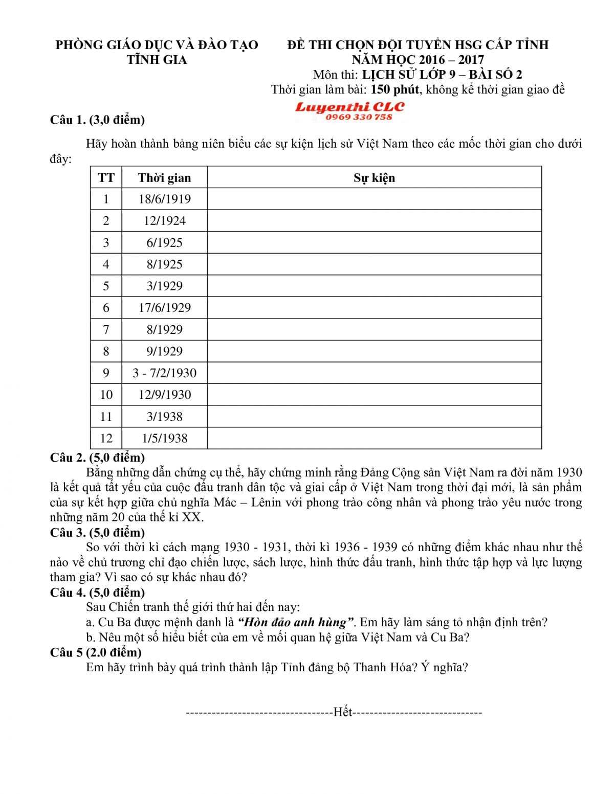 Đề thi chọn đội tuyển HSG cấp tỉnh m&ocirc;n Lịch Sử lớp 9 - B&agrave;i số 2 tỉnh Thanh H&oacute;a năm 2016