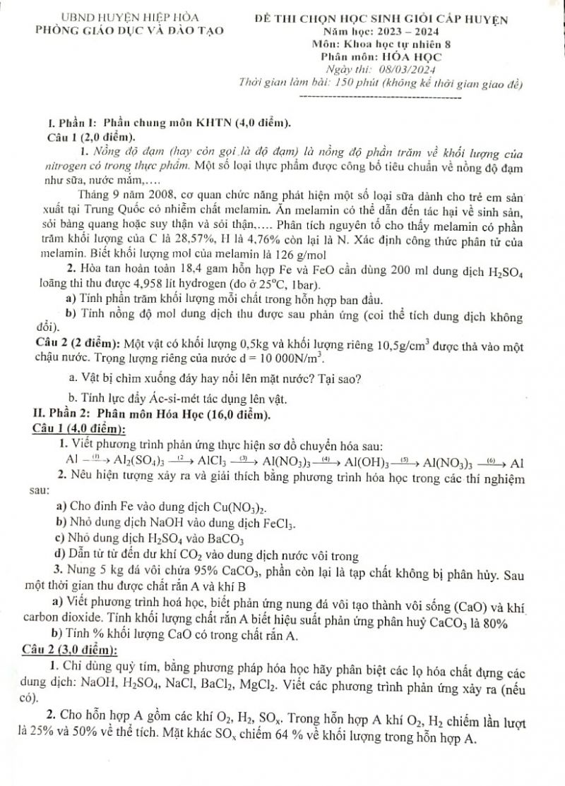 Đề thi chọn HSG môn Hóa Học lớp 8 huyện Hiệp Hòa tỉnh Bắc Giang năm 2024