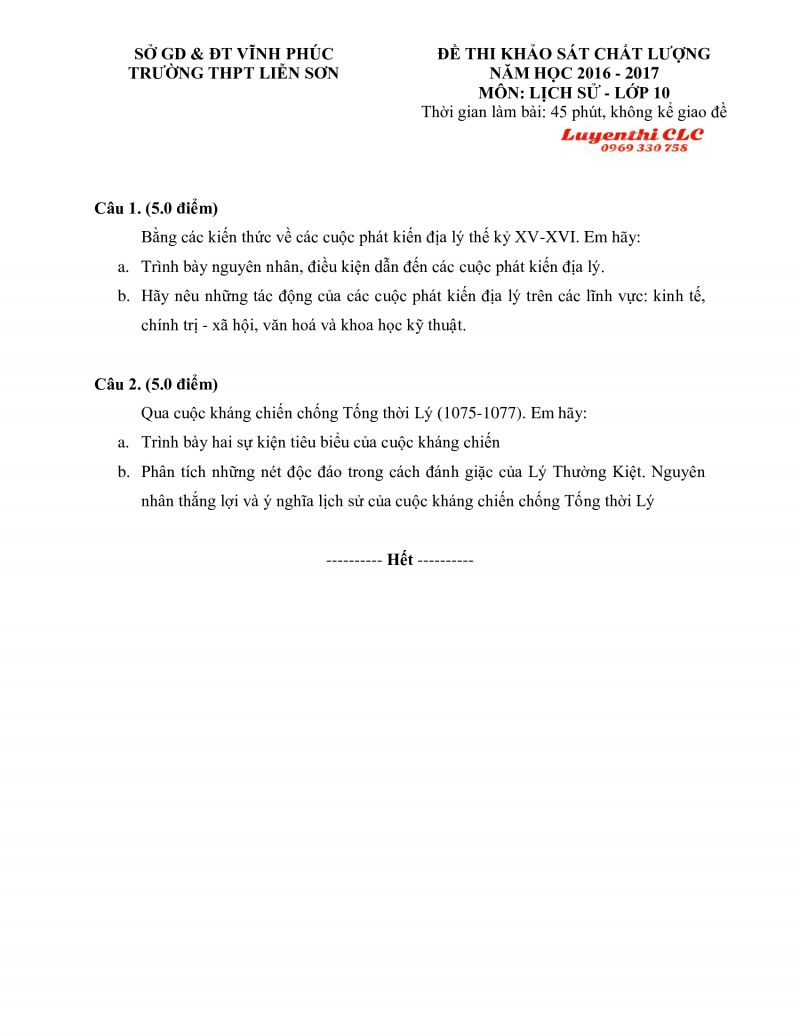 Đề thi khảo sát chất lượng và đáp án môn Lịch Sử lớp 10 Trường THPT Liễn Sơn tỉnh Vĩnh Phúc năm 2016
