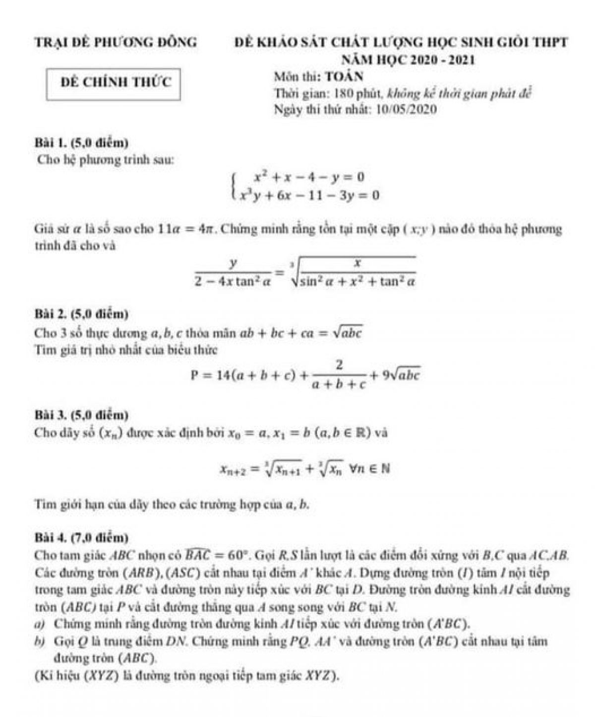 Đề khảo s&aacute;t chất lượng HSG THPT m&ocirc;n To&aacute;n năm 2020
