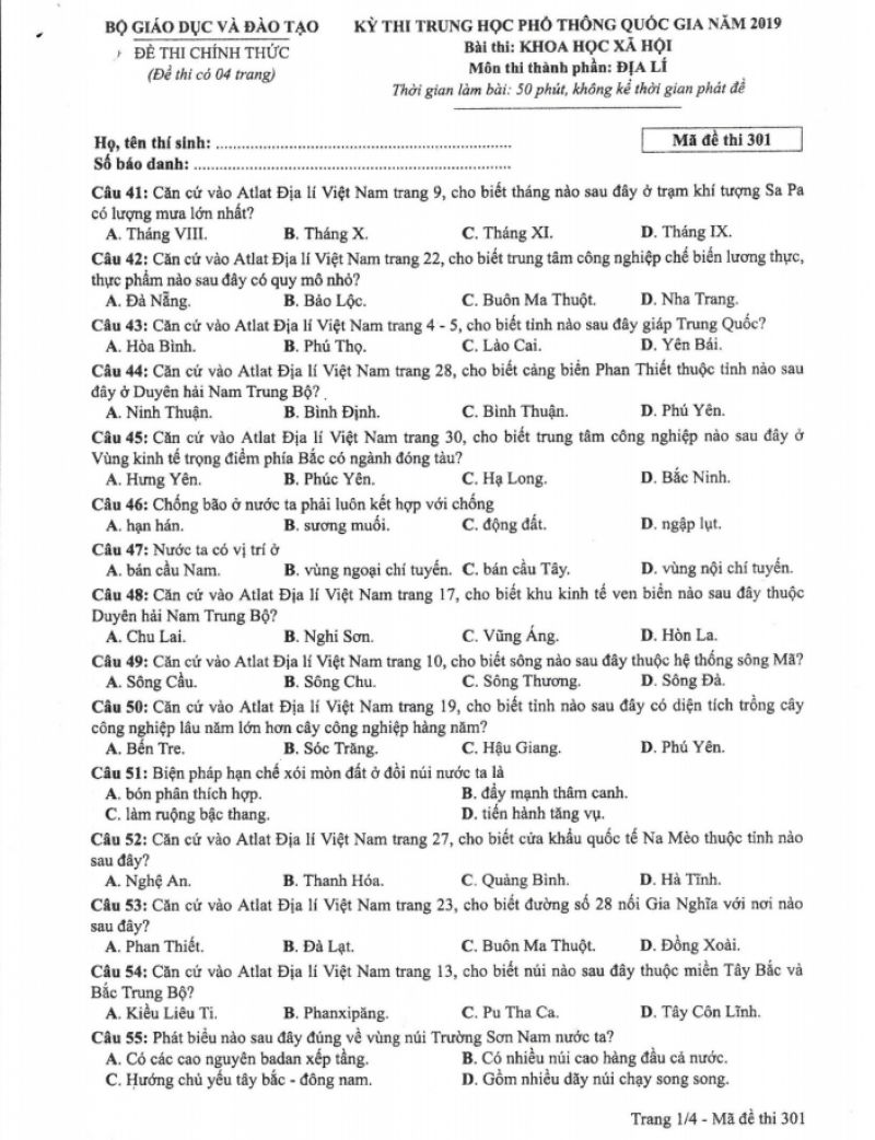 Đề thi THPT Quốc Gia và đáp án môn Địa Lý năm 2019 (Mã đề 301)