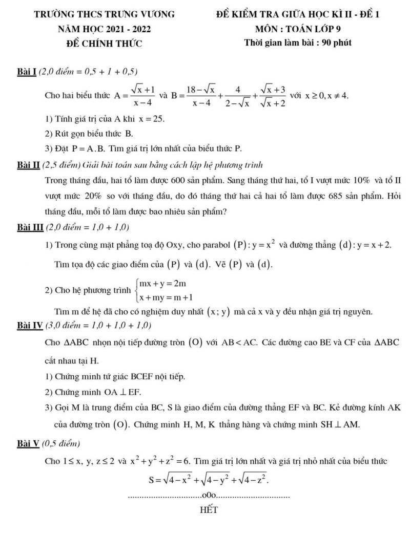 Đề kiểm tra giữa kì II môn Toán lớp 9 Trường THCS Trưng Vương, Hà Nội năm 2022