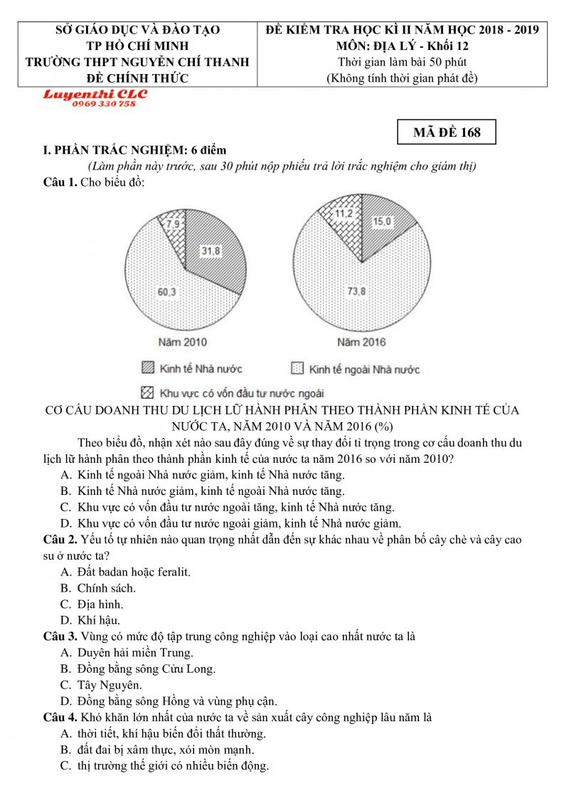 Đề kiểm tra học k&igrave; II m&ocirc;n Địa L&iacute; khối 12 tại Th&agrave;nh phố Hồ Ch&iacute; Minh năm 2019