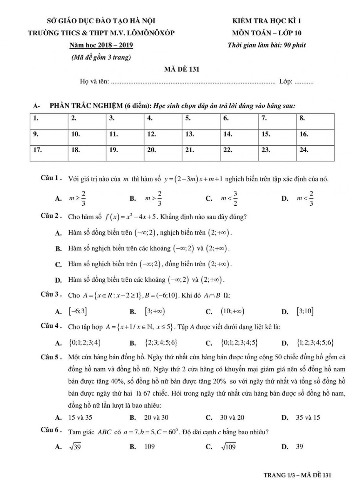 Đề kiểm tra học k&igrave; I m&ocirc;n To&aacute;n lớp 10 Trường THCS &amp; THPT M.V L&ocirc;m&ocirc;n&ocirc;x&ocirc;p, H&agrave; Nội năm 2018