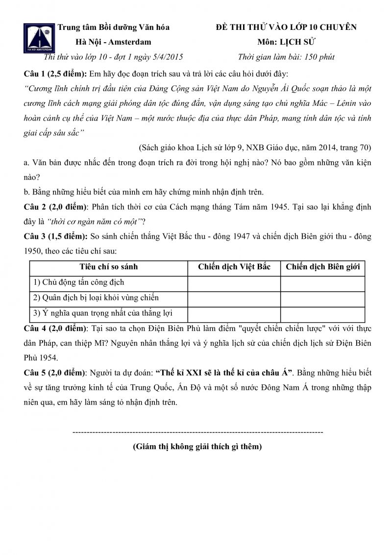 Đề thi thử v&agrave;o lớp 10 THPT CHUY&Ecirc;N v&agrave; đ&aacute;p &aacute;n m&ocirc;n Lịch Sử tại trung t&acirc;m bồi dưỡng Văn h&oacute;a H&agrave; Nội - Amsterdam năm 2015
