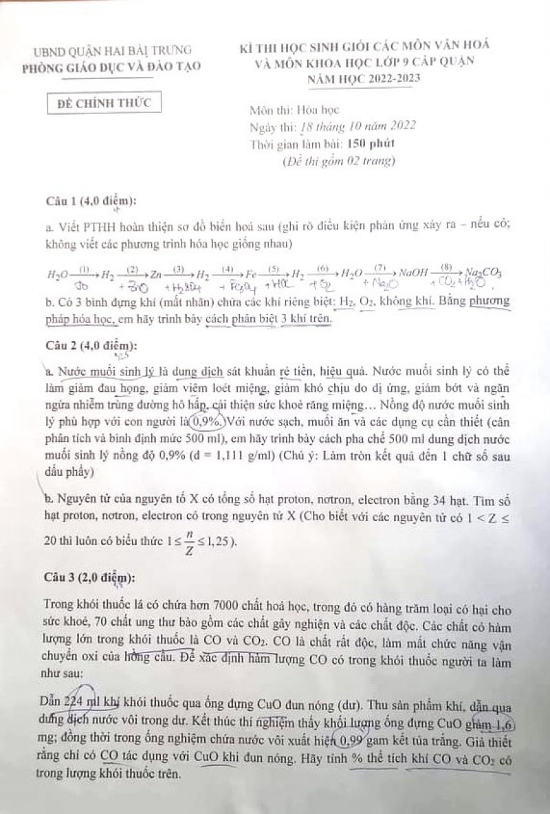 Đề thi chọ HSG môn Hóa Học lớp 9 quận Hai Bà Trưng, Hà Nội năm 2023