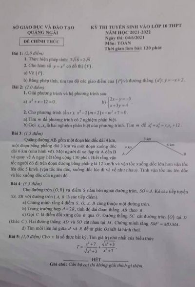 Đề thi tuyển sinh vào lớp 10 THPT môn Toán tỉnh Quảng Ngãi năm 2021