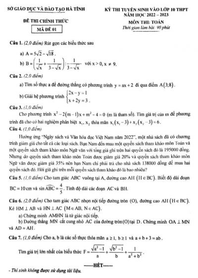 Đề thi tuyển sinh vào lớp 10 THPT môn Toán tỉnh Hà Tĩnh năm 2022