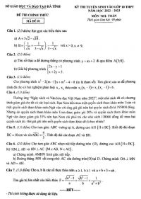 Đề thi tuyển sinh vào lớp 10 THPT môn Toán tỉnh Hà Tĩnh năm 2022