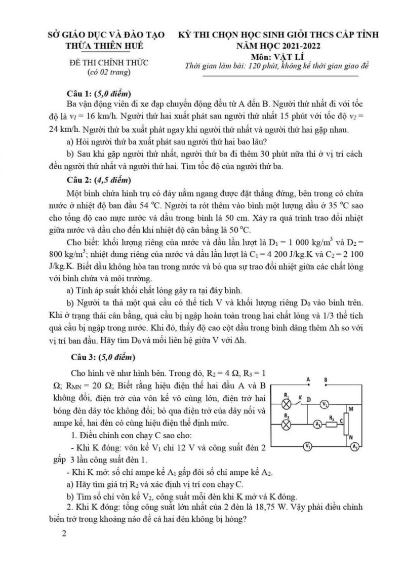 Đề thi chọn HSG môn Vật Lý tỉnh Thừa Thiên Huế năm 2022