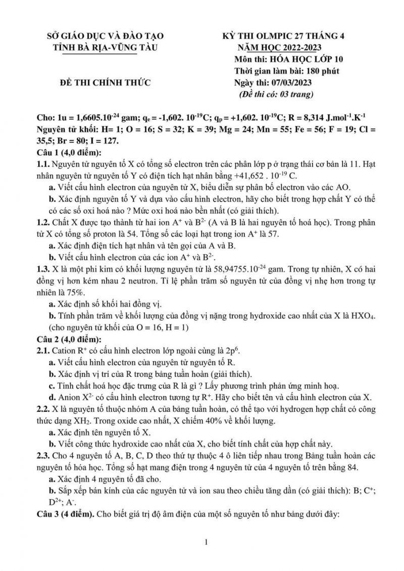 Đề thi Olympic và đáp án môn Hóa Học lớp 10 tỉnh Bà Rịa - Vũng Tàu năm 2022