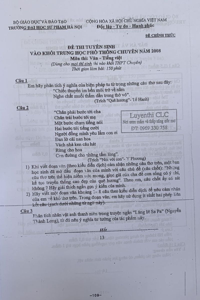 Đề thi tuyển sinh vào khối THPT CHUYÊN môn Ngữ Văn Trường Đại học Sư phạm Hà Nội năm 2008