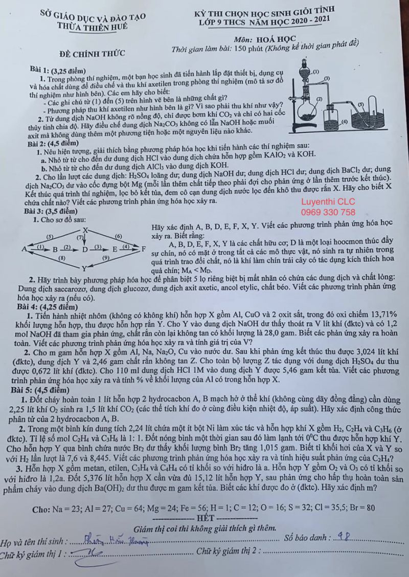 Đề thi chọn HSG m&ocirc;n H&oacute;a Học lớp 9 tại Thừa Thi&ecirc;n Huế năm 2021