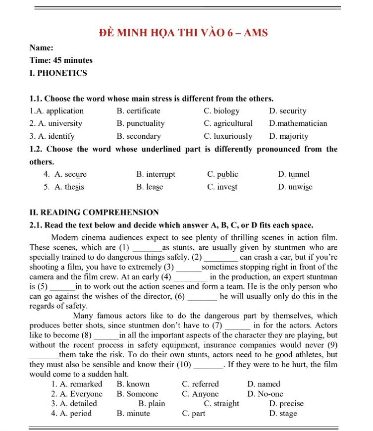 Đề thi minh họa v&agrave;o Trường AMSTERDAM m&ocirc;n Tiếng Anh lớp 6
