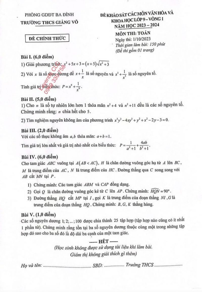 Đề thi khảo sát môn Toán lớp 9 - Vòng 1 Trường THCS Giảng Võ, quận Ba Đình, Hà Nội năm 2023