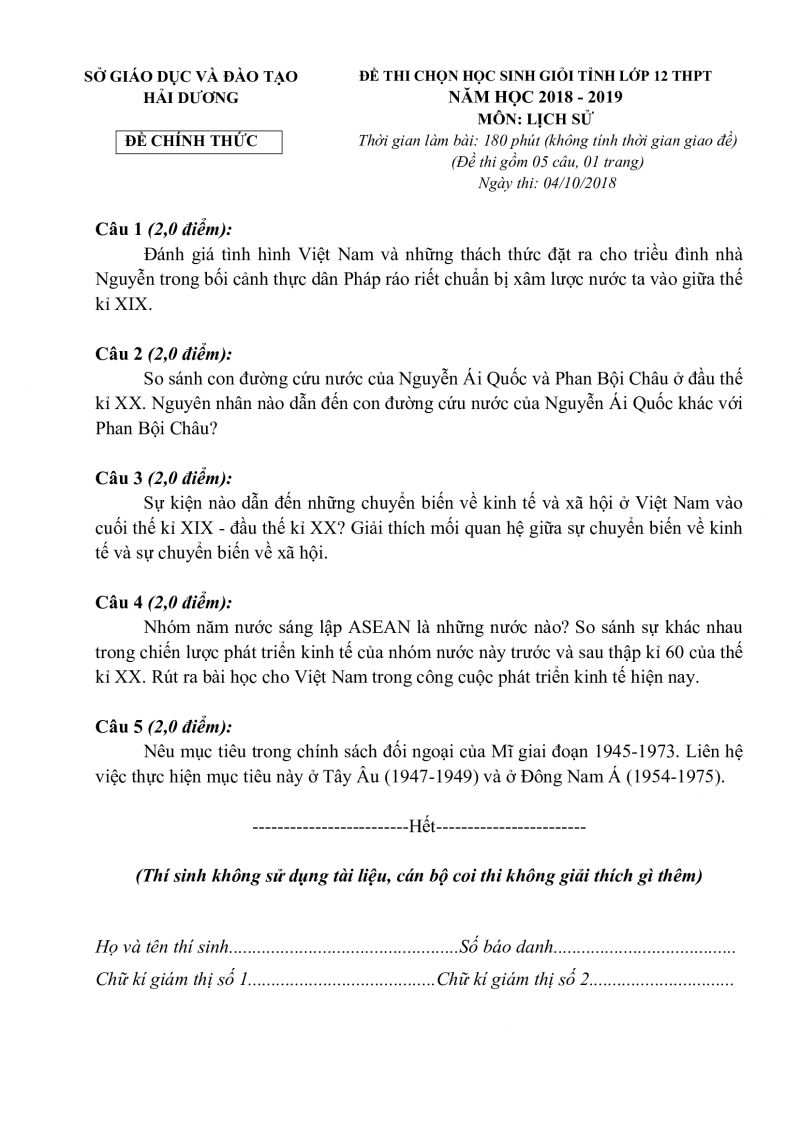 Đề thi chọn HSG tỉnh lớp 12 THPT v&agrave; đ&aacute;p &aacute;n m&ocirc;n Lịch Sử tỉnh Hải Dương năm 2018