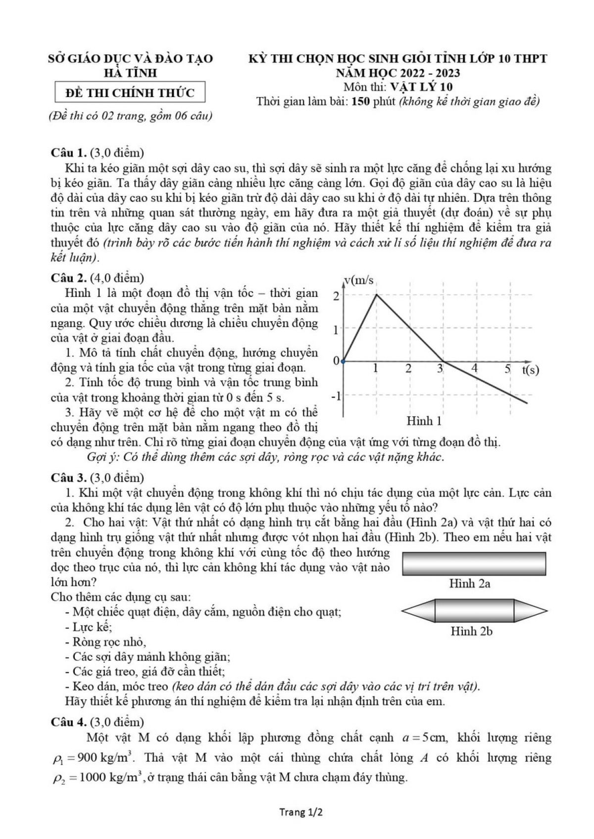 Đề thi chọn HSG môn Vật Lí lớp 10 tỉnh Hà Tĩnh năm 2023