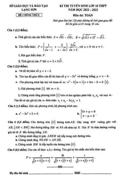 Đề thi tuyển sinh vào lớp 10 THPT môn Toán tỉnh Lạng Sơn năm 2022