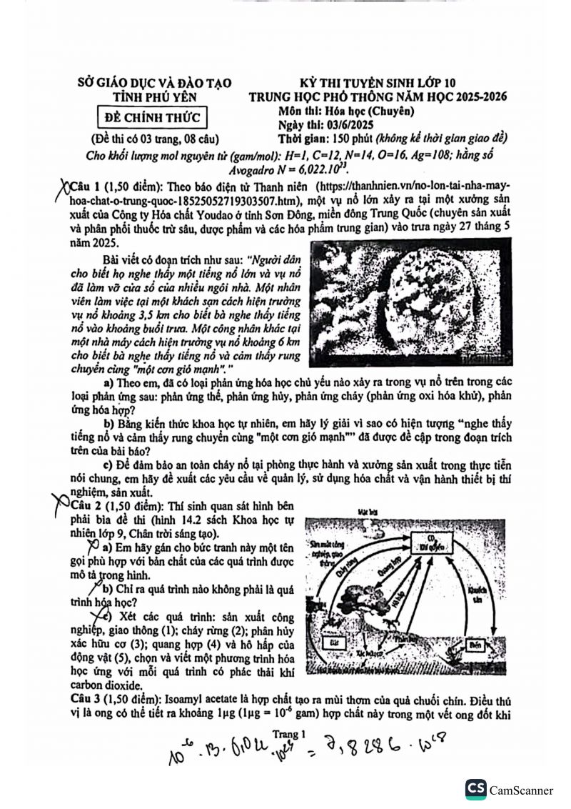 Đề thi vào 10 THPT chuyên môn Hóa (chuyên) - tỉnh Phú Yên năm 2025-2026
