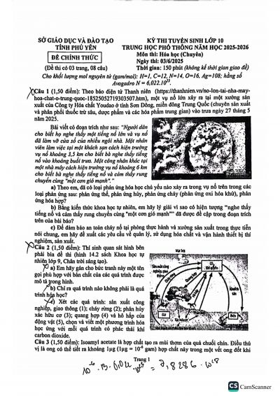 Đề thi vào 10 THPT chuyên môn Hóa (chuyên) - tỉnh Phú Yên năm 2025-2026