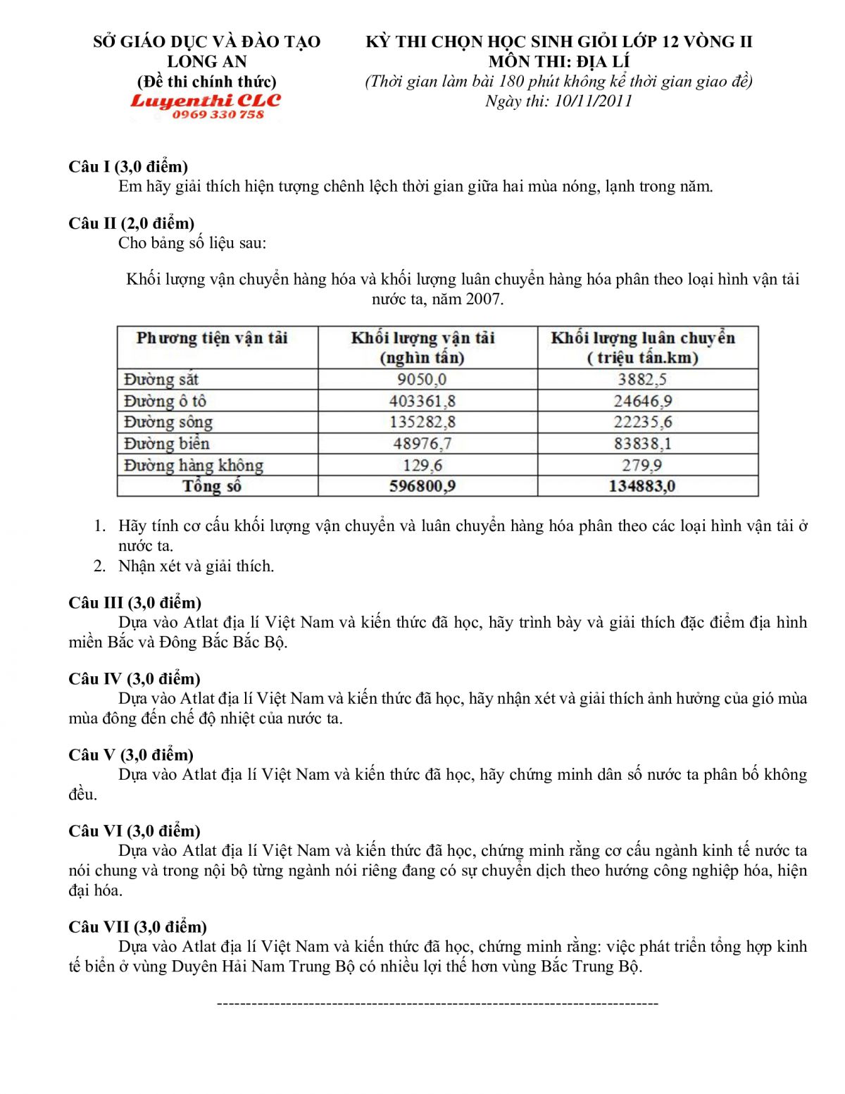 Đề thi chọn HSG môn Địa Lí lớp 12 - Vòng 2 tỉnh Long An năm 2011