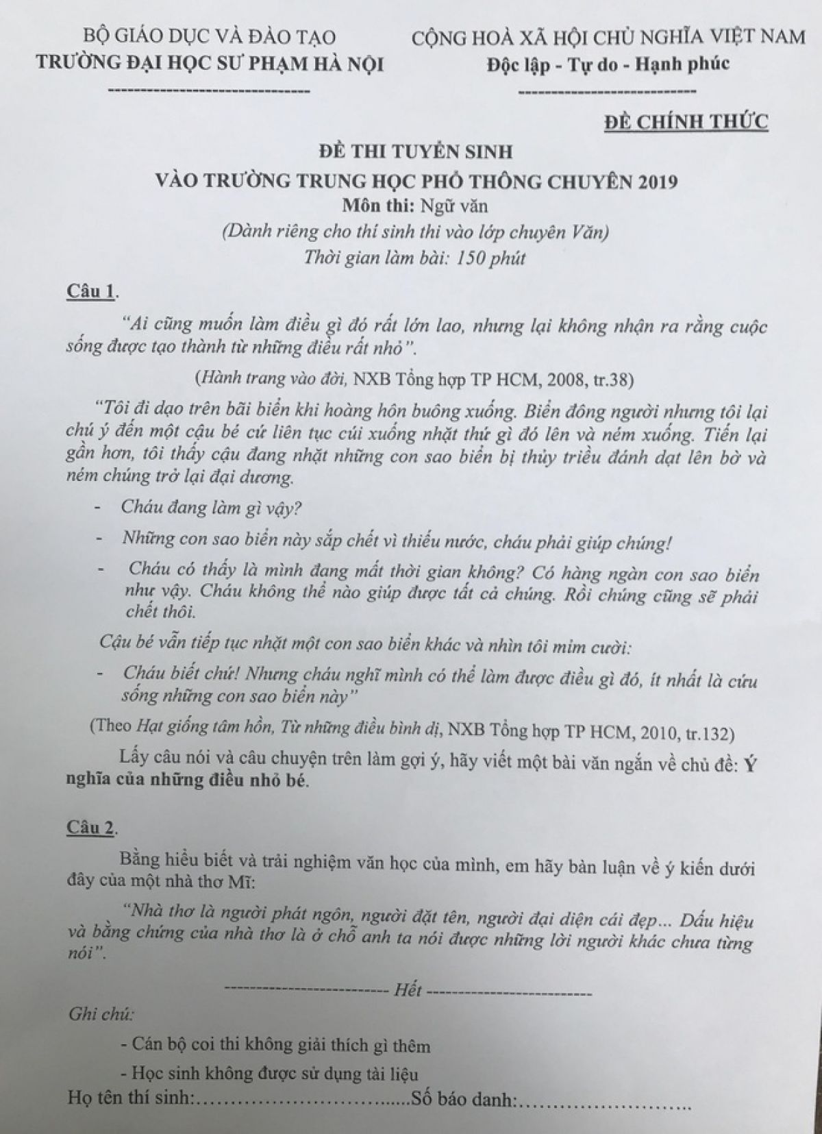 Đề thi tuyển sinh v&agrave;o trường THPT CHUY&Ecirc;N m&ocirc;n Ngữ Văn Trường Đại học Sư phạm H&agrave; Nội năm 2019