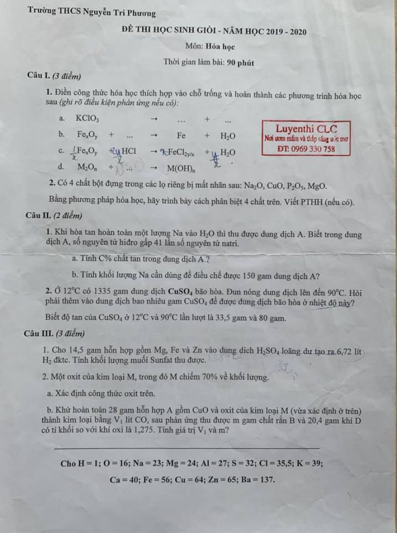 Đề thi chọn đội tuyển HSG lần 1 môn Hoá học - trường THCS Nguyễn Tri Phương năm 2019 - 2020