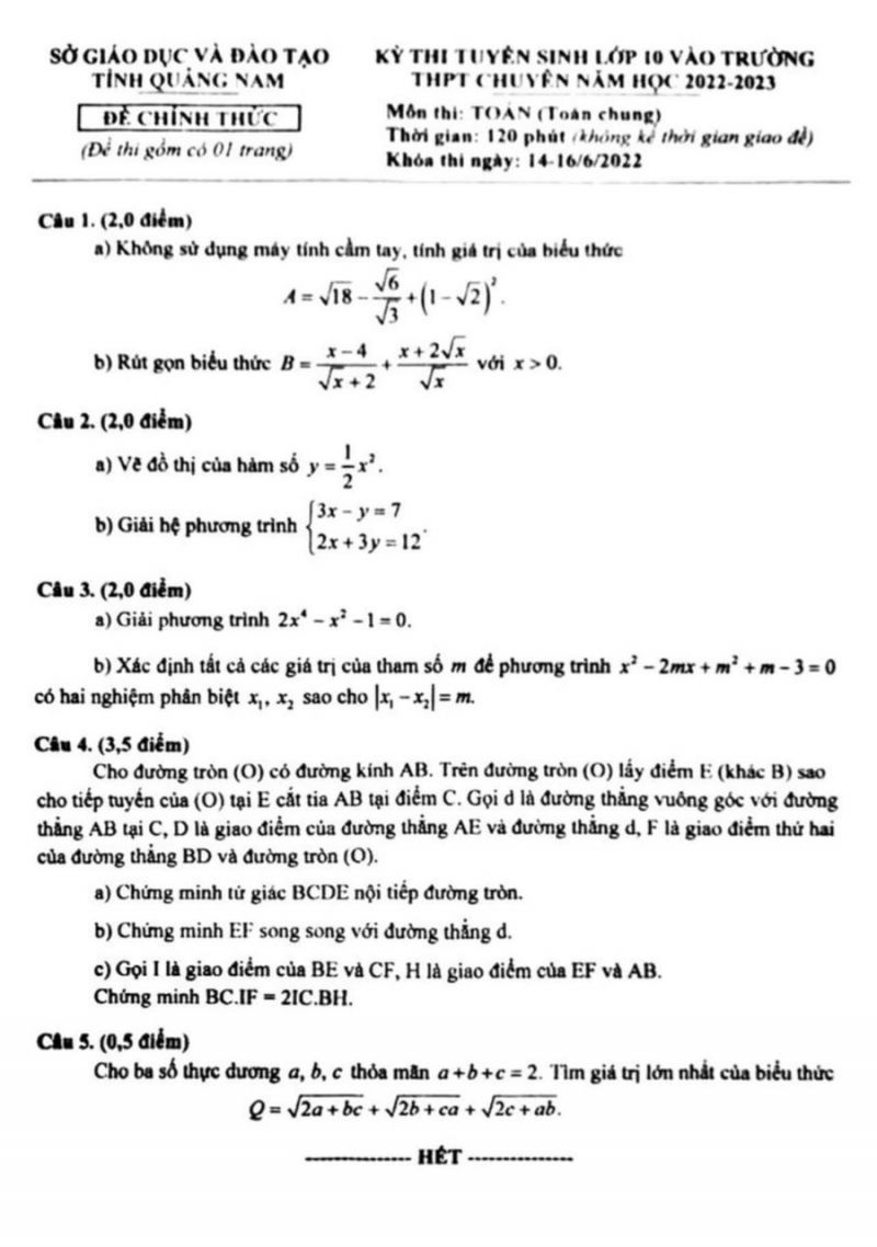 Đề thi tuyển sinh vào lớp 10 THPT CHUYÊN môn Toán tỉnh Quảng Nam năm 2022