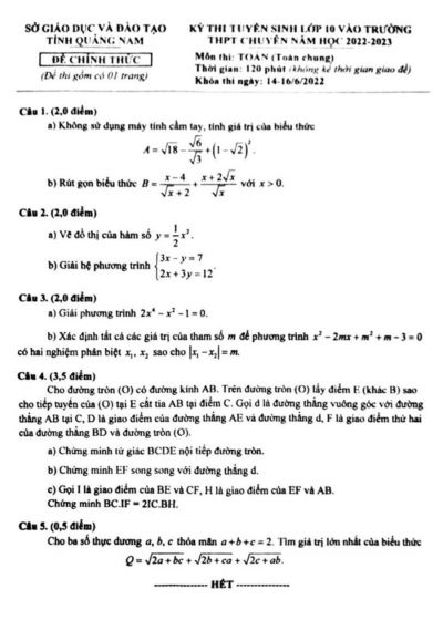 Đề thi tuyển sinh vào lớp 10 THPT CHUYÊN môn Toán tỉnh Quảng Nam năm 2022