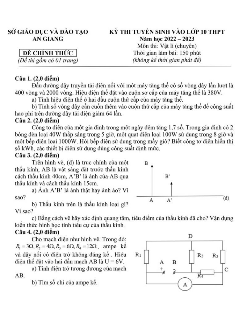 Đề thi tuyển sinh vào lớp 10 THPT môn Vật Lí Chuyên tỉnh An Giang năm 2022