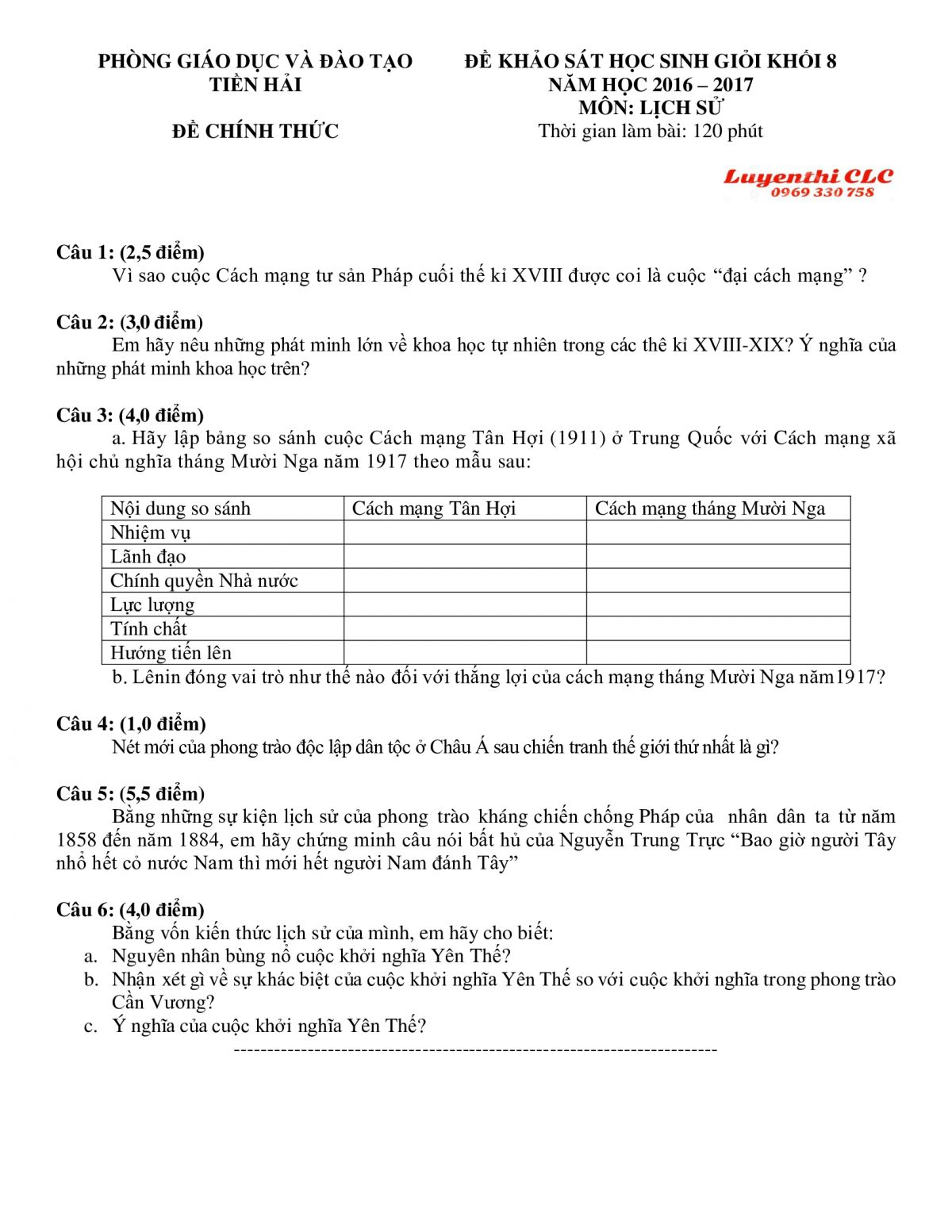Đề thi HSG m&ocirc;n Lịch Sử lớp 12 huyện Tiền Hải tỉnh Th&aacute;i B&igrave;nh năm 2017
