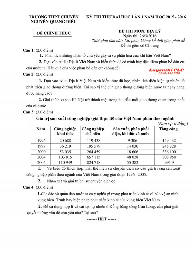 Đề thi thử đại học lần 1 v&agrave; đ&aacute;p &aacute;n m&ocirc;n Địa L&yacute; Trường THPT CHUY&Ecirc;N Nguyễn Quang Di&ecirc;u năm 2016