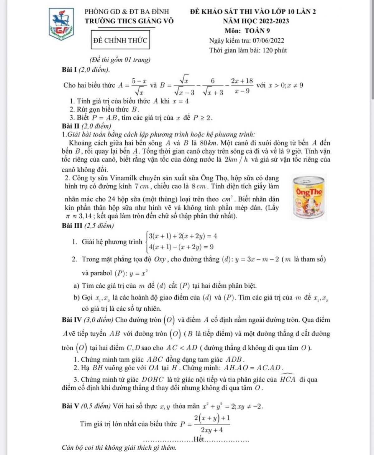 Đề khảo s&aacute;t thi v&agrave;o lớp 10 v&agrave; đ&aacute;p &aacute;n m&ocirc;n To&aacute;n lớp 9 Trường THCS Giảng V&otilde;, quận Ba Đ&igrave;nh, H&agrave; Nội năm 2022