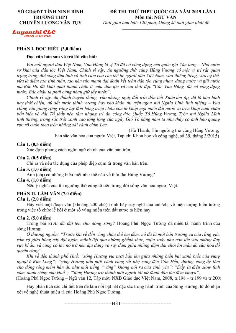 Đề thi thử THPT Quốc Gia môn Ngữ Văn lần 1 Trường THPT CHUYÊN Lương Văn Tụy tỉnh Ninh Bình năm 2019