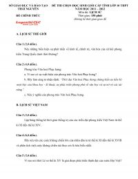 Đề thi chọn HSG cấp tỉnh lớp 10 THPT m&ocirc;n Lịch Sử tỉnh Th&aacute;i Nguy&ecirc;n năm 2014