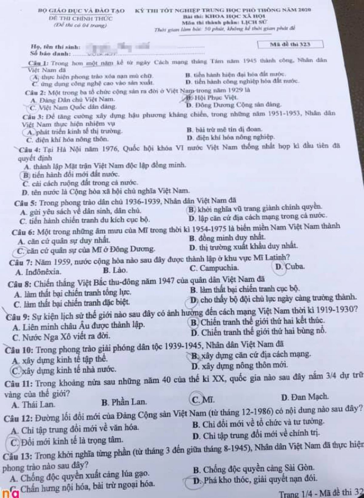 Đề thi tốt nghiệp THPT m&ocirc;n Lịch Sử v&agrave; đ&aacute;p &aacute;n năm 2020