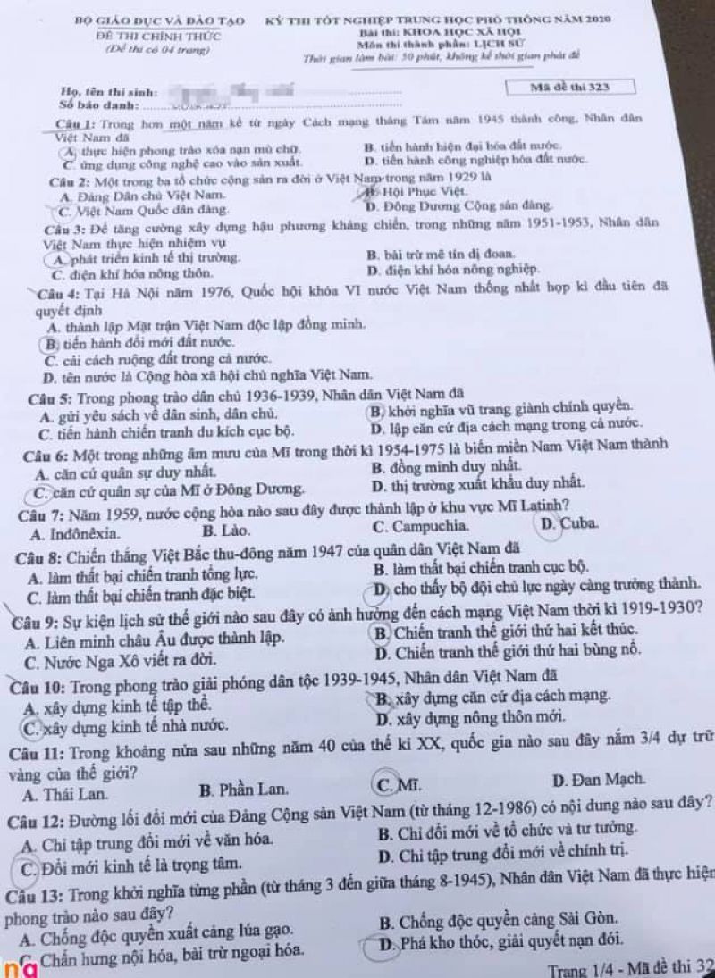 Đề thi tốt nghiệp THPT môn Lịch Sử và đáp án năm 2020